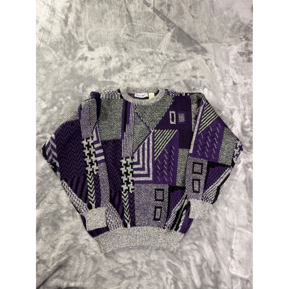 Pronto Uomo Sweater 1990s Mens M Multicolor Geometric Crew Neck Long Sleeve
